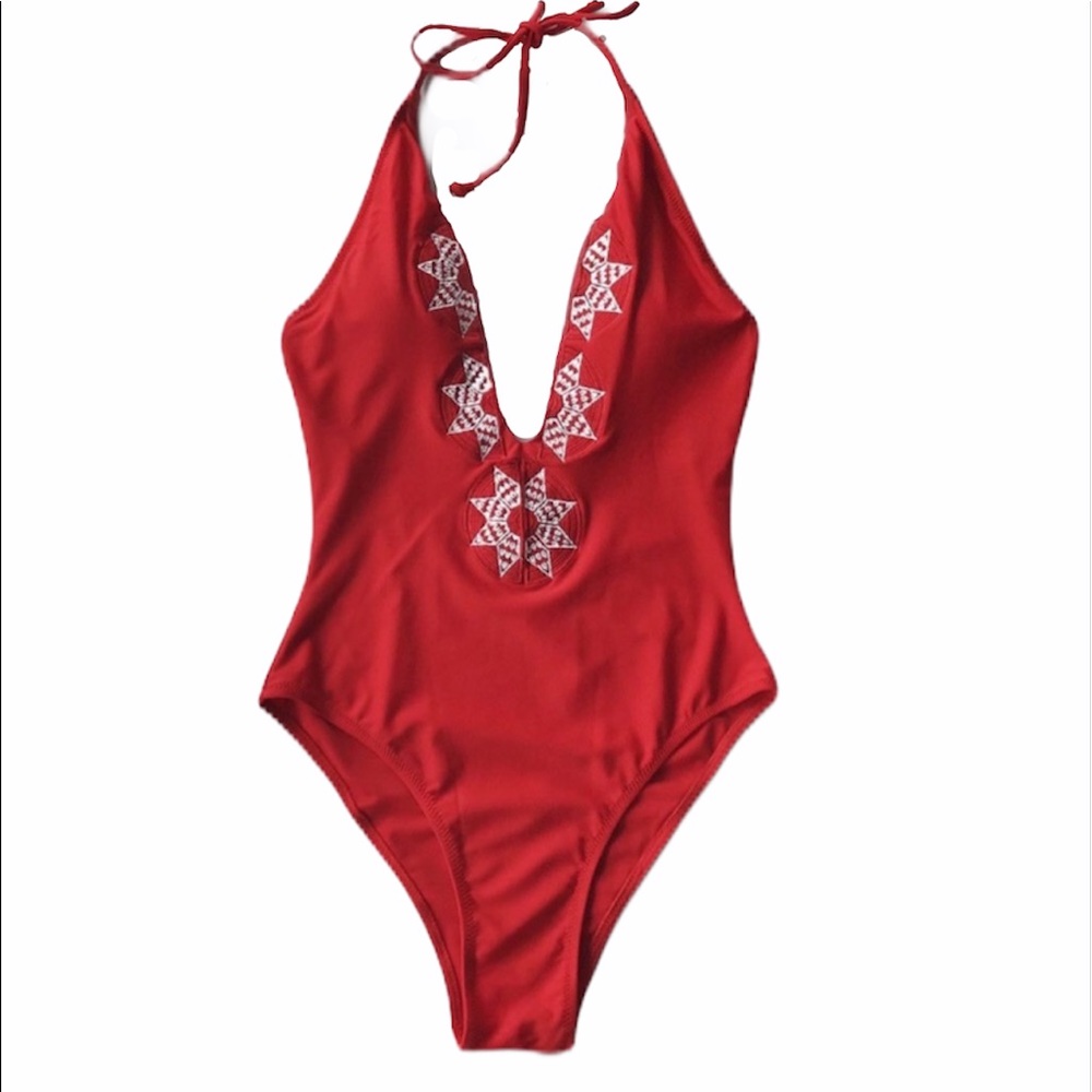 Cupshe Red Plunging Neckline Halter Swimsuit